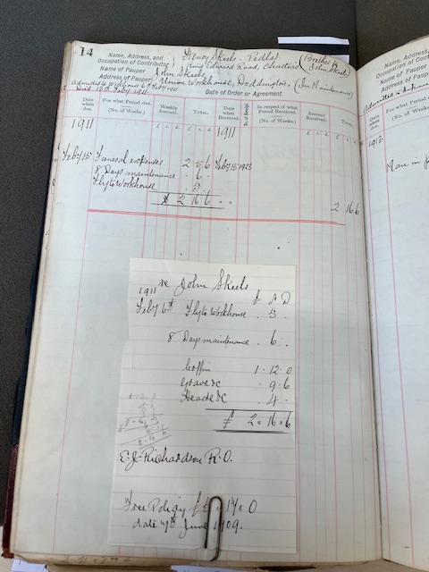 A ruled ledger page with a receipt attached with a paper clip now too rusted to remove.