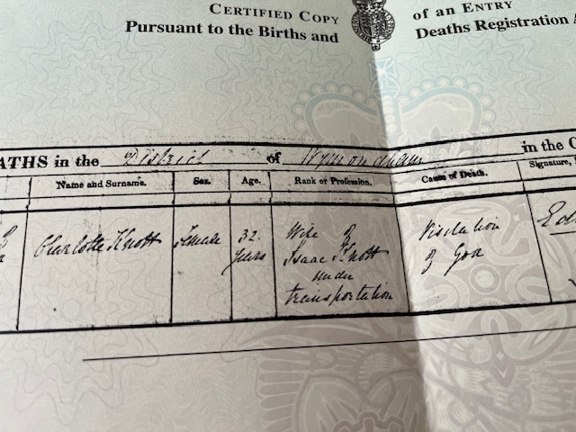 Detail of Charlotte Knott's death certificate showing her age as 32 years, and cause of death as 'Visitation of God'.
